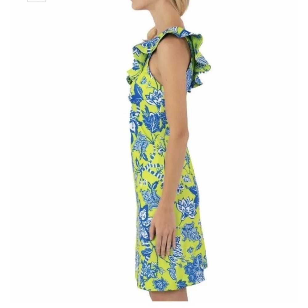 Gretchen Scott Fling Fantasy Dress Lime Green Blue Floral Size XS Ruffle V Neck - Picture 2 of 13